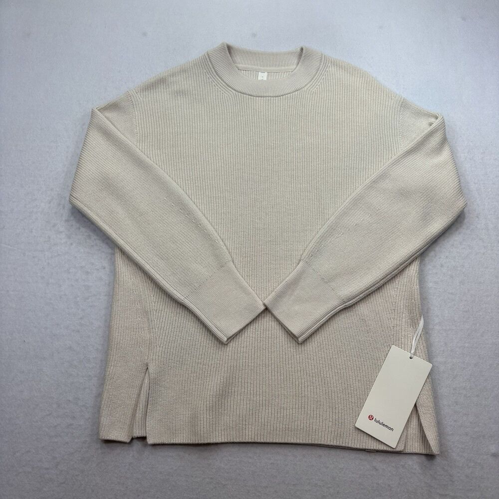 Lululemon NWT Merino Wool Blend Rib Crewneck Sweater Side Split Cream Size 4 - Picture 11 of 14